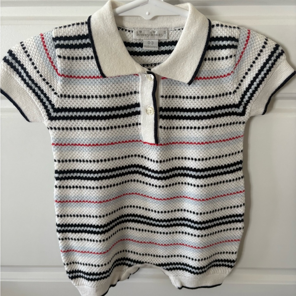 Kissy Kissy Fine Knit Pima Cotton Stripe Boys Short Romper w/ Collar Size 0-3